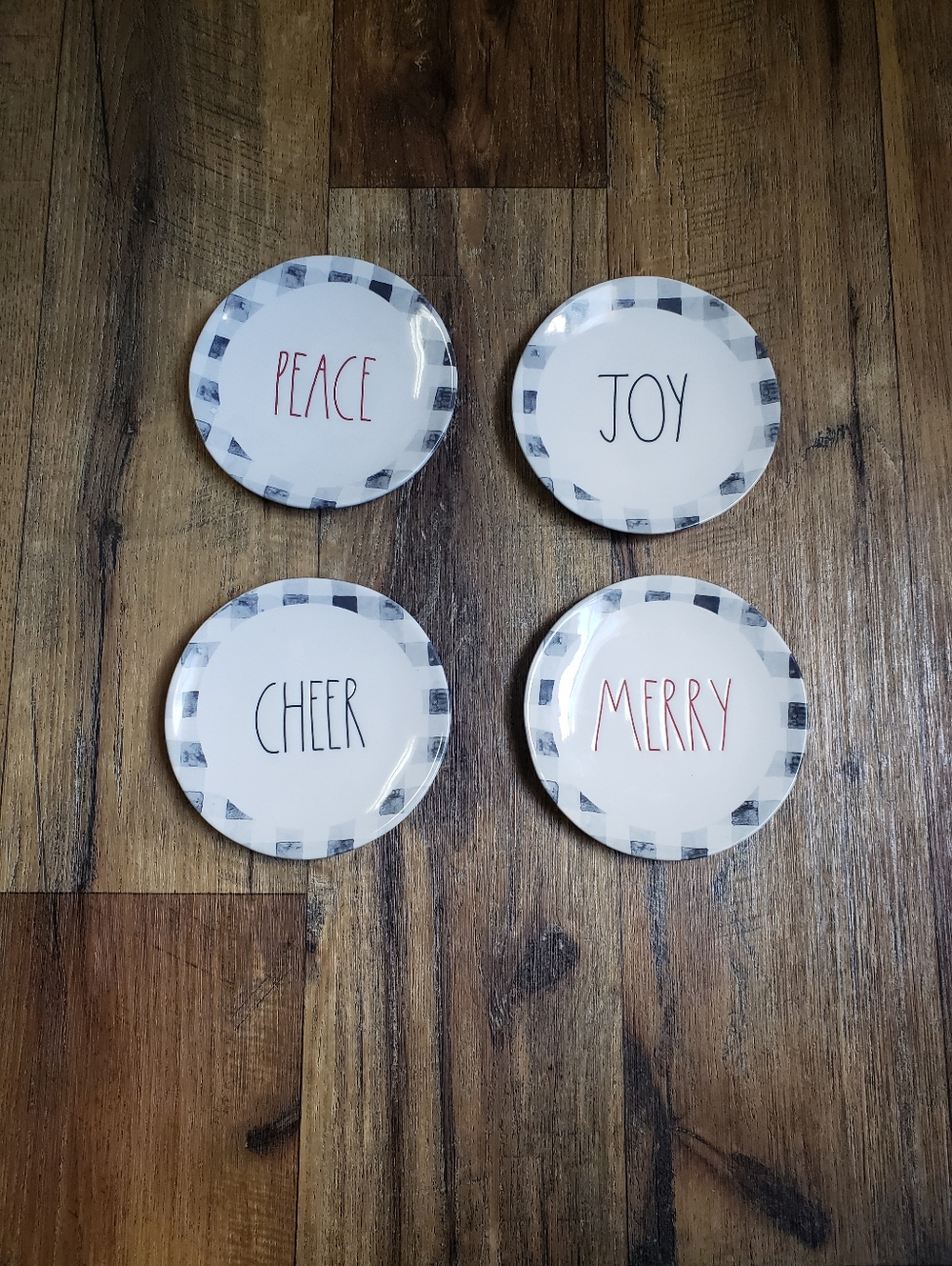 Set Of 4 Rae Dunn Holiday Dessert Plates- Peace, Joy, Cheer & Merry